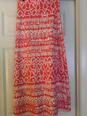 CK Bradley Coral and White Patterned Maxi Skirt with Hidden Side Slits